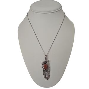 NWT Oval Stainless Steel Ethnic Genuine Sand Stone Feather Pendant Necklace